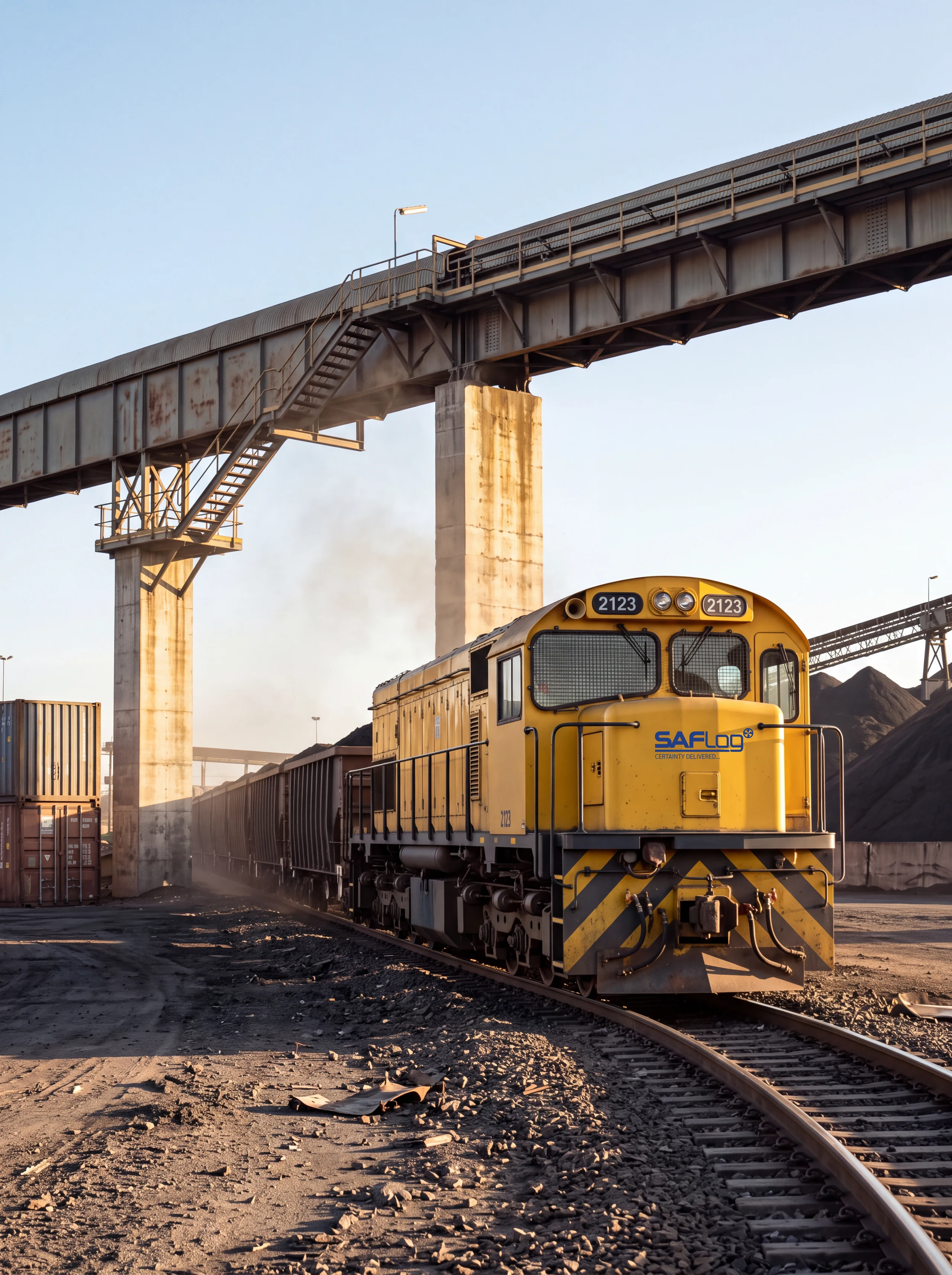 Illustration of a yellow SAFLog-branded locomotive numbered 2123 beneath bulk-handling conveyors