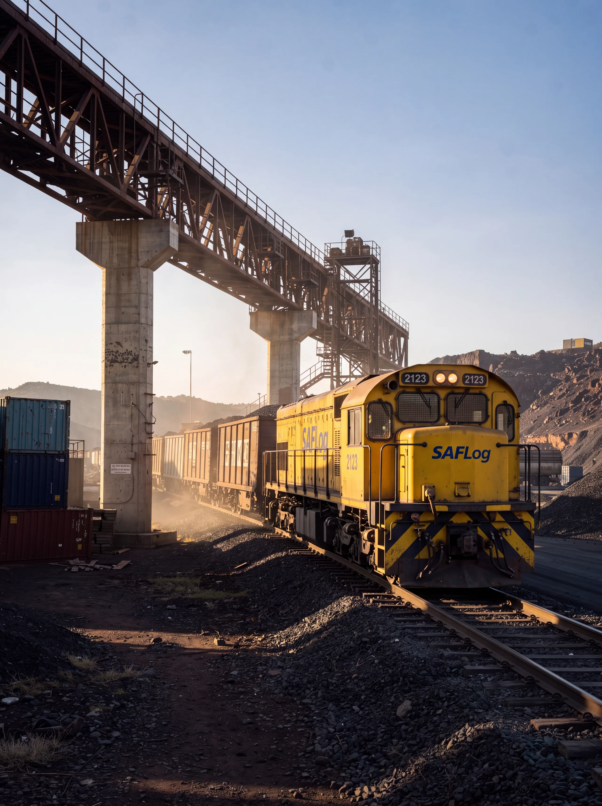 Illustration of a yellow SAFLog-branded locomotive numbered 2123 hauling mineral wagons beneath conveyors