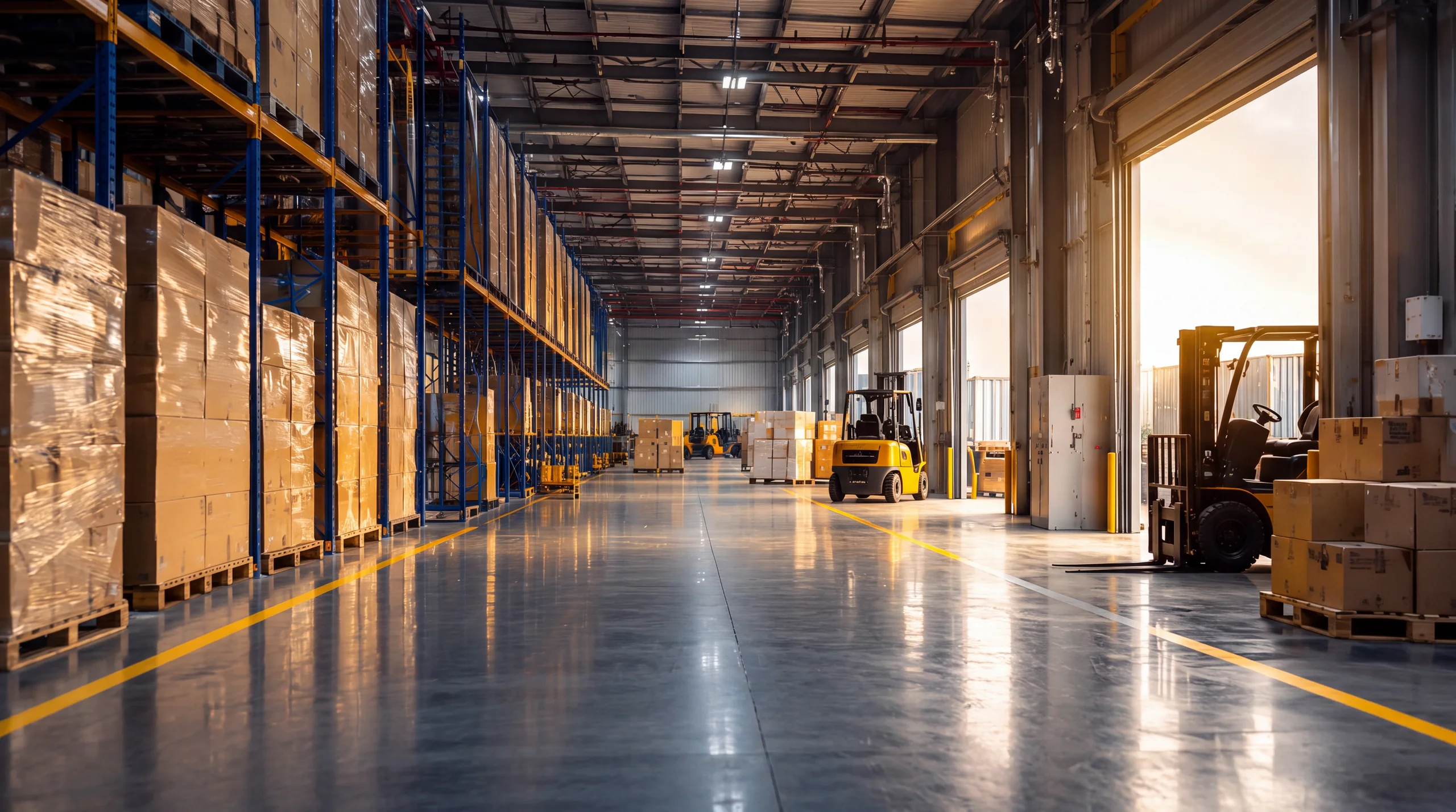 Illustration of warehouse racking, palletised cargo and forklifts