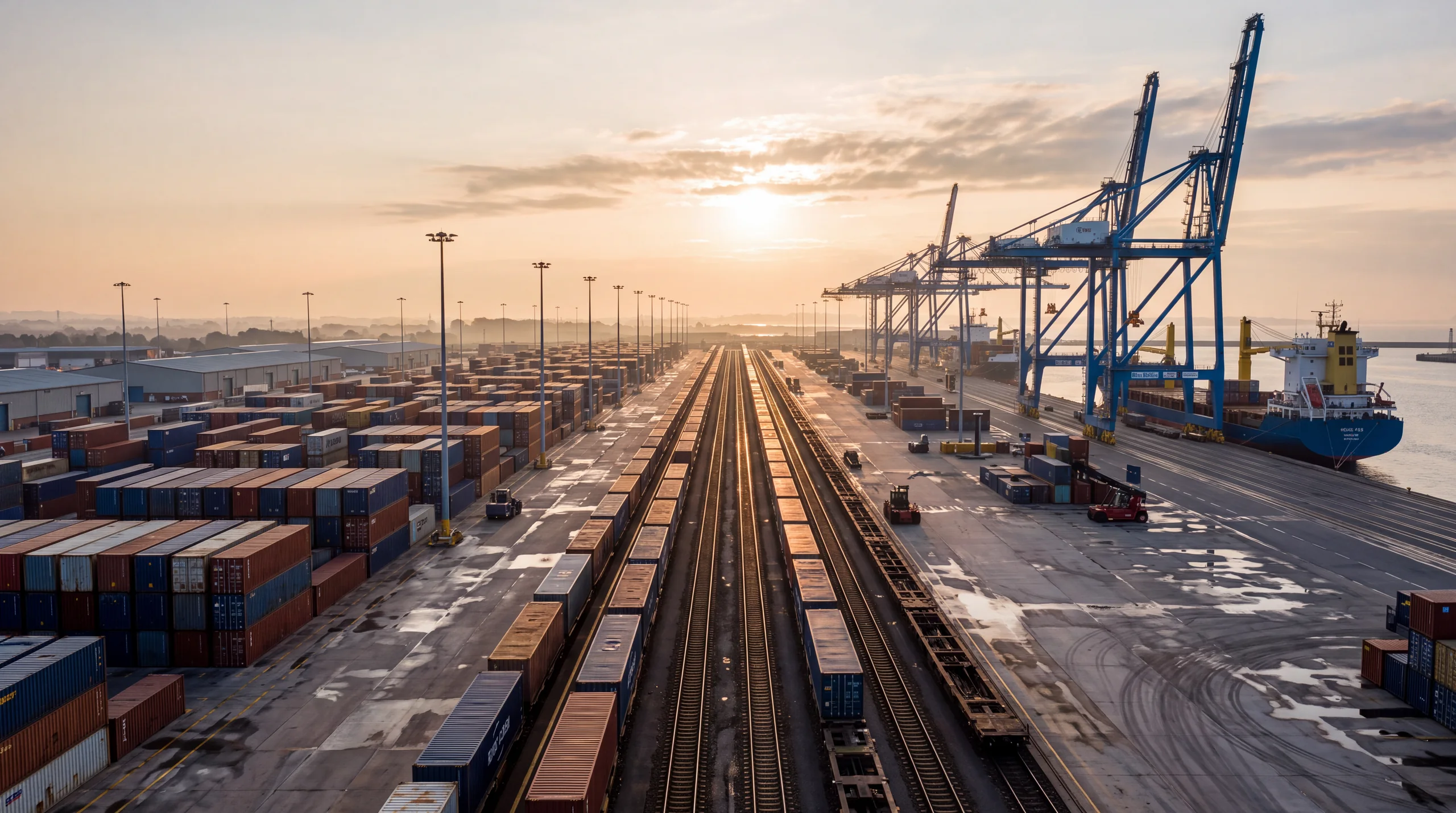 Illustration of a container terminal with rail tracks, cargo cranes and a ship